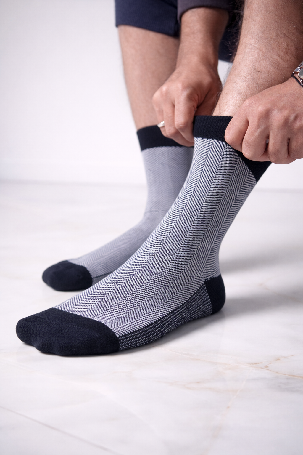 Black Herringbone Bamboo Cotton Crew Socks