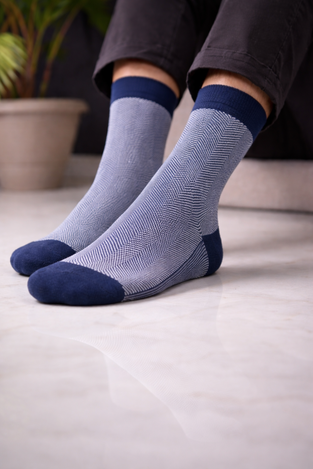 Dark-Blue Herringbone Bamboo Cotton Crew Socks